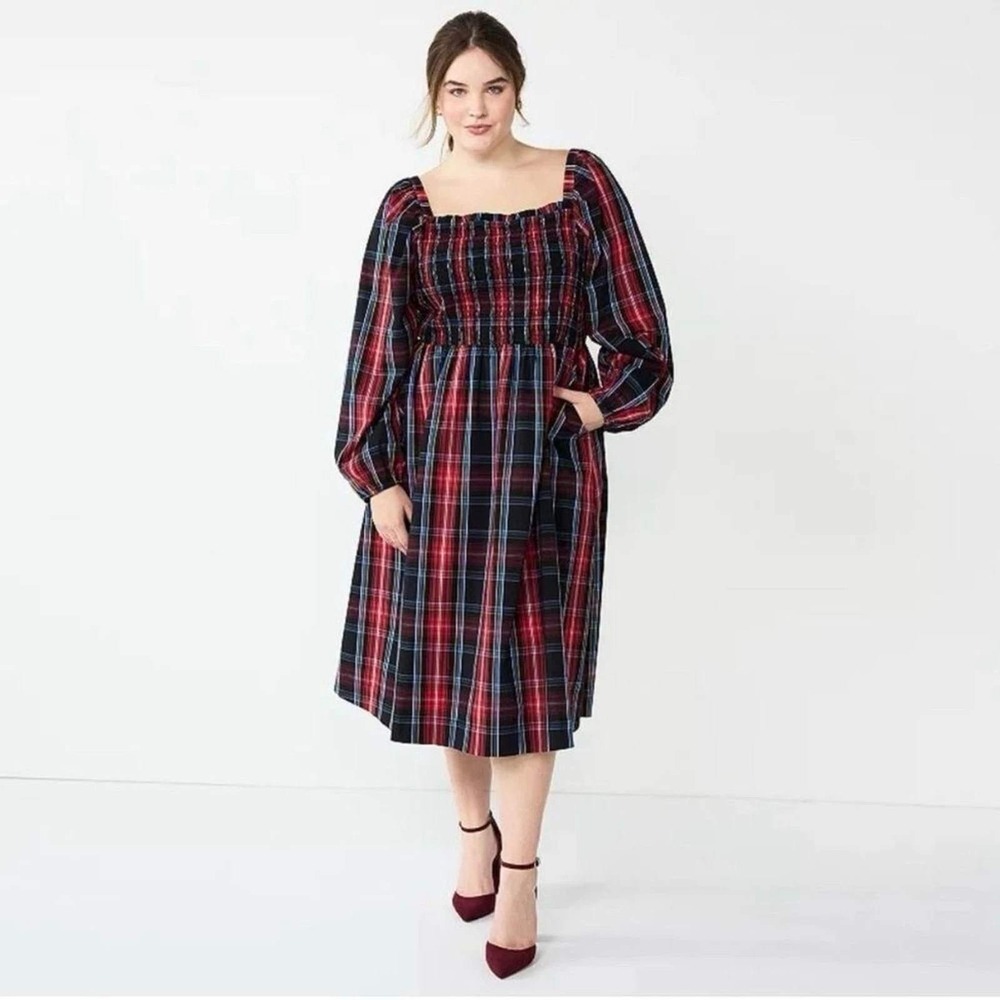 Draper James RSVP Long Sleeve Smocked Midi Dress Tartan Plaid Christmas XL